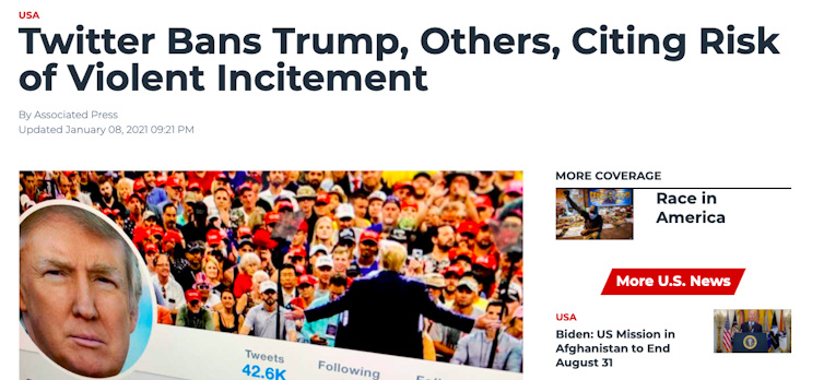 Screenshot of the Voice of America website headline, 