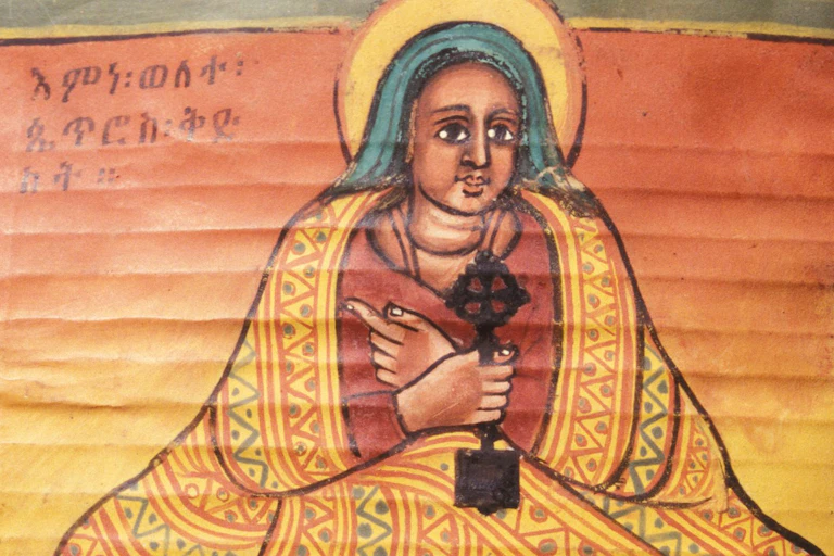 A painted portrait of the saint Walatta Petros, created between 1716-1721, prevoiusly found in the saint's montastery in Ethiopia.