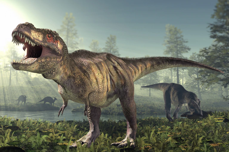 A _Tyrannosaurus rex_ -- a huge dinosaur with a big head and teeth and little front legs -- walks the ground of an ancient forest.