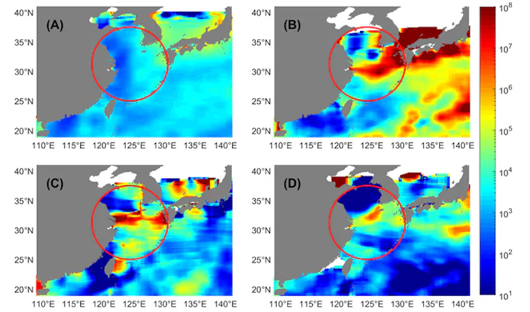 Satellite images, color-coded to show density of microplastic particles in the water.