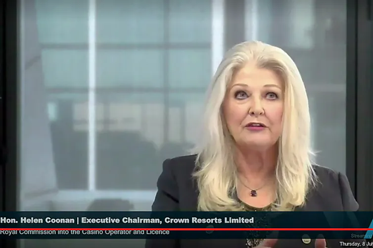 Crown Resorts' executive chair Helen Coonan gives evidence to the Victorian royal commission into Crown's Melbourne casino on Thursday, July 8 2021.
