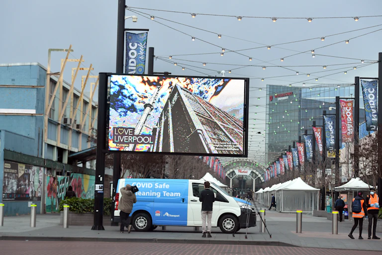 A Covid information van in the shopping district of the southwestern Sydney suburb of Liverpool in Sydney, Friday, July 9, 2021.