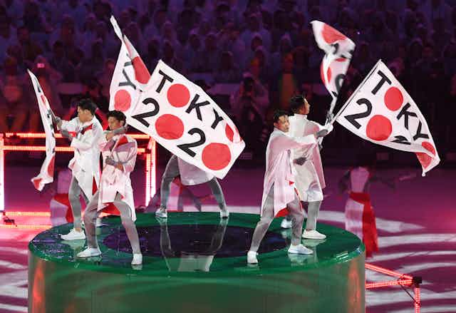 Artists perform during the Tokyo 2020 Flag Handover ceremony during the closing ceremony of the Rio 2016 Olympic games at Maracana in Rio de Janeiro 