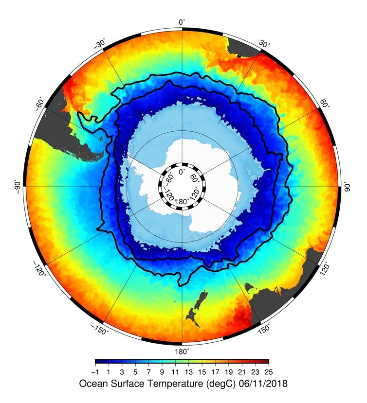 Map showing temperature differences from very cold around Antarctica to warming beyond the current.