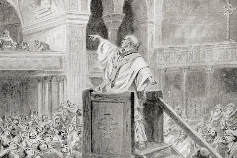 Black and white image of a Christian preacher in a pulpit