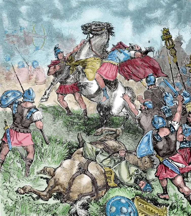 Battle scene showing man thrown from horse.