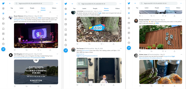 3 screenshots from Twitter advanced search illustrating what people were sharing pre-pandemic, during and class=