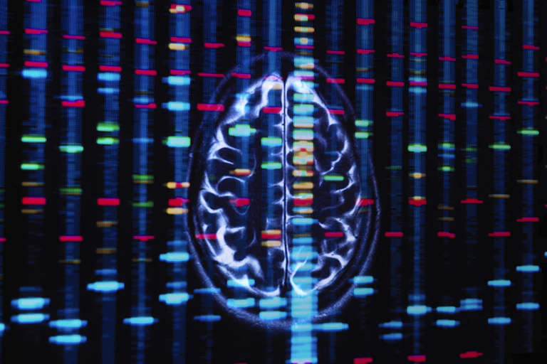 A scan of a brain overlaid with visual representations of chromosomes.
