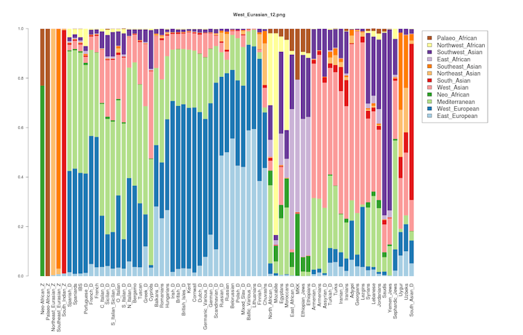 A multicolored graph showing genetic differences between people with different ancestries.