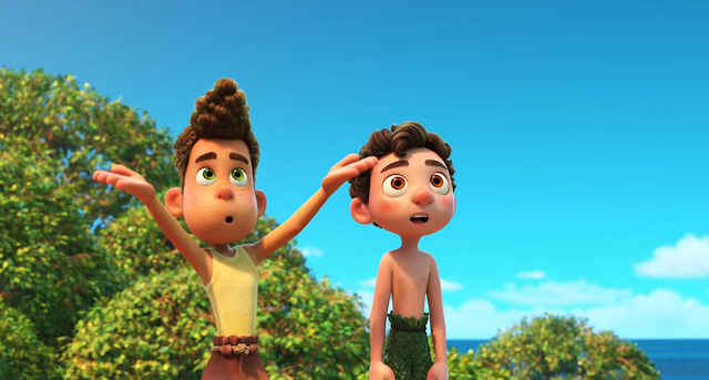 Still from Disney Pixar's Luca with characters Alberto and Luca looking at something in the distance
