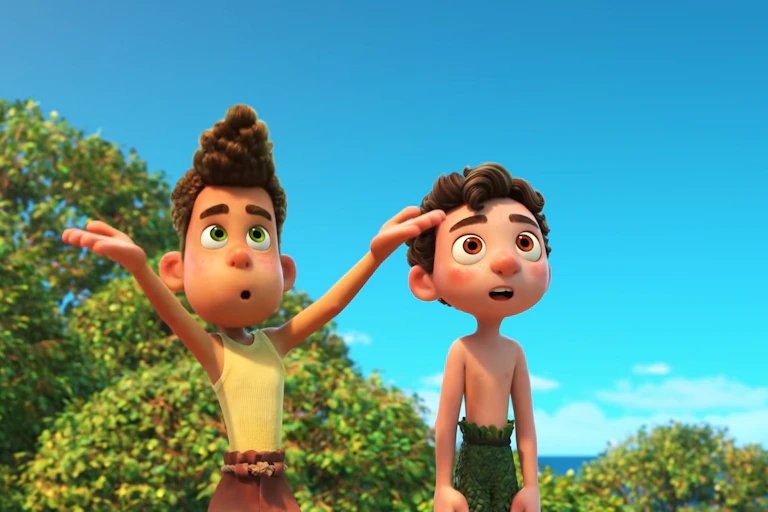 Still from Disney Pixar's Luca with characters Alberto and Luca looking at something in the distance