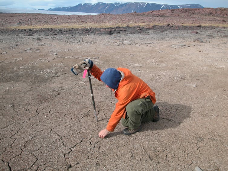 The dry bed of an evaporated pond in Arctic Canada.