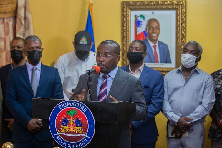 Haitian Prime Minister Claude Joseph speaks at a press conference at his residence.