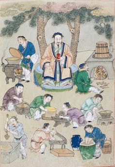 Illustration of a master surrounded by his disciples who process drugs