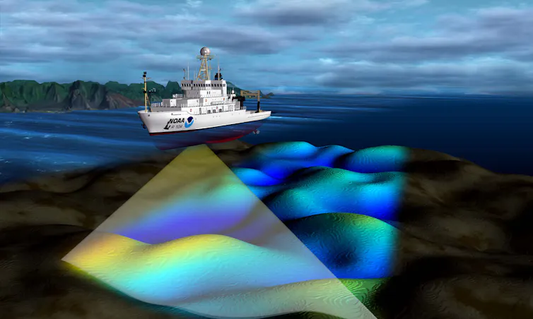 Survey ships equipped with multibeam sonar map swaths of seafloor.