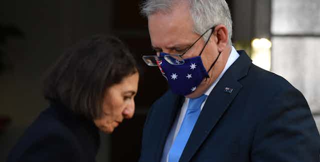 NSW Premier Gladys Berejiklian and Prime Minister Scott Morrison at the announcement of a Covid-19 financial support package at Kirribilli House in Sydney, Tuesday, July 13 2021. 