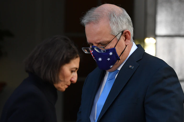 NSW Premier Gladys Berejiklian and Prime Minister Scott Morrison at the announcement of a Covid-19 financial support package at Kirribilli House in Sydney, Tuesday, July 13 2021.