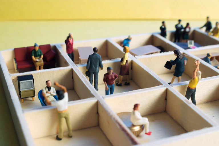 Mini people divided into small areas