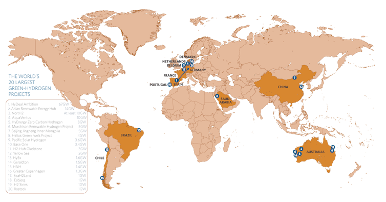 Mapa que muestra la ubicación de los proyectos de hidrógeno verde.