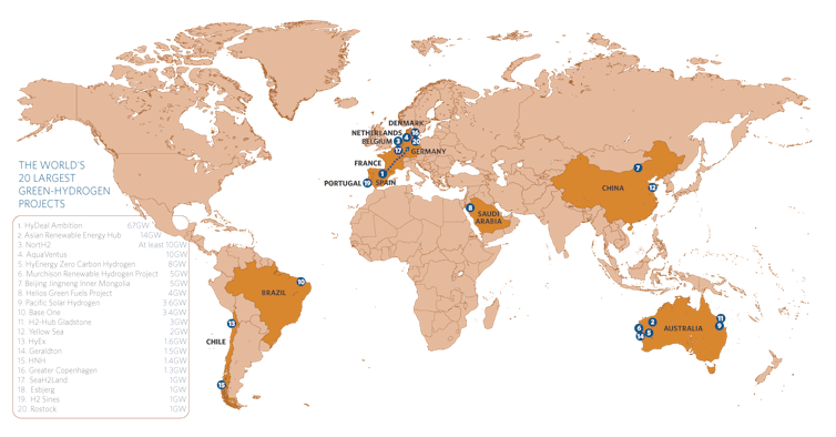 map showing locations of green-hydrogen projects