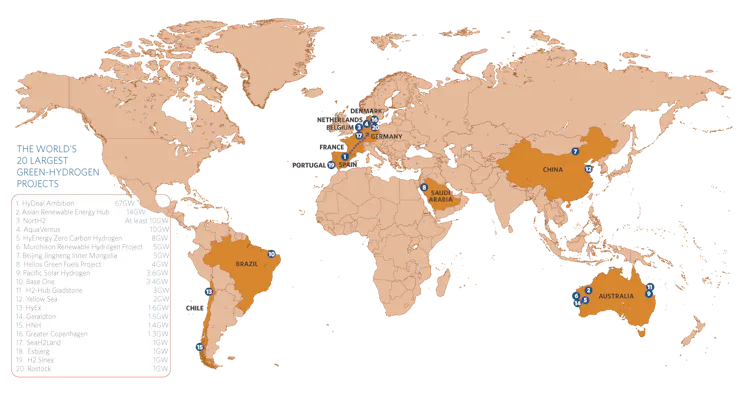 map showing locations of green-hydrogen projects