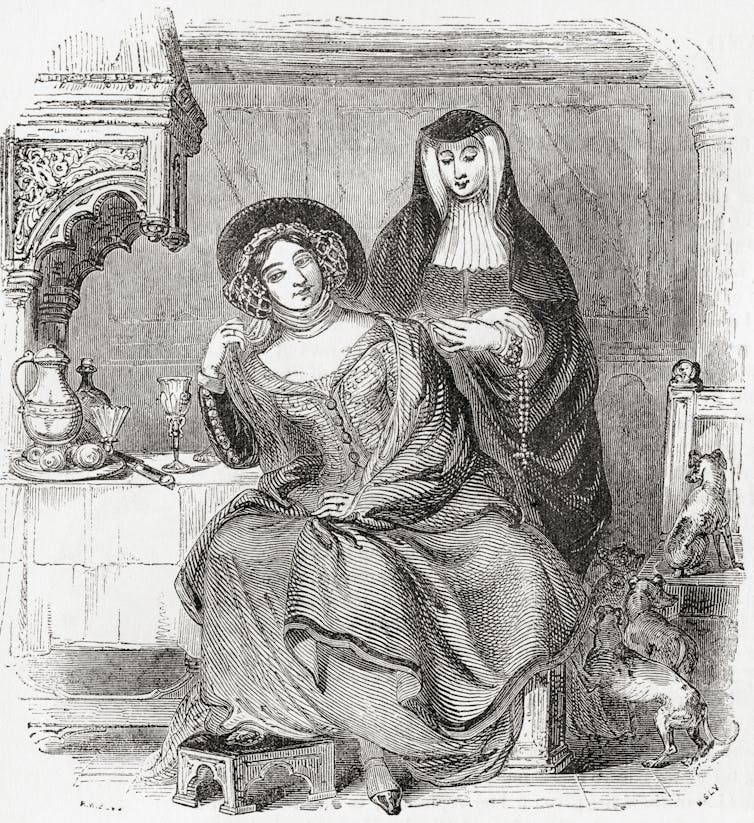 An illustration of two women characters from Geoffrey Chaucer's 'The Canterbury Tales'