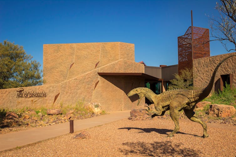 An outback museum with a dinosaur statue in front