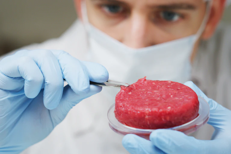 Scientist inspecting with tweezers a cultured artificial meat sample.
