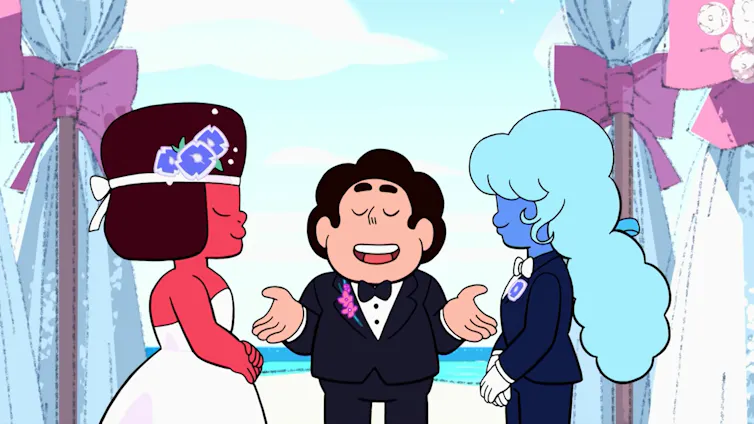 Cartoon character Steven Universe officiating wedding between characters Ruby and Sapphire
