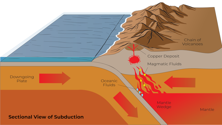 Una sección transversal de la Tierra muestra una placa tectónica corriendo debajo de la otra, volcanes creativos y depósitos de cobre justo arriba.