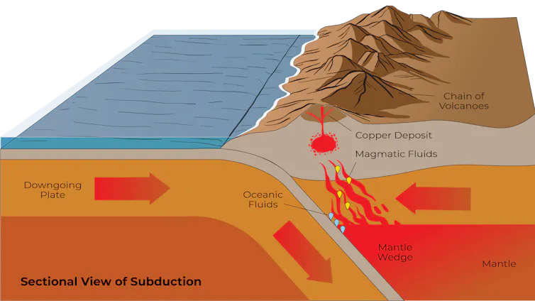 Cross section of the Earth showing one tectonic plate going under the other, creative volcanism and copper deposits directly above