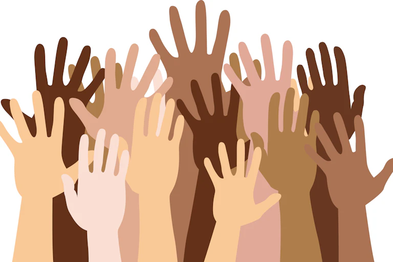 An illustration of a dozen children's hands raised in the air, each a different skin tone.