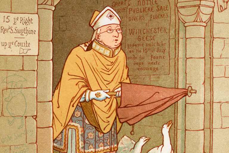 Illustration of a clergyman venturing outside with an umbrella.