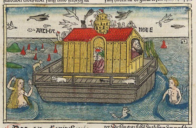 Woodcut of Noah's Ark in the water.