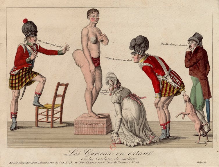 A drawing depicts Sarah Baartman being ogled and mocked by onlookers.