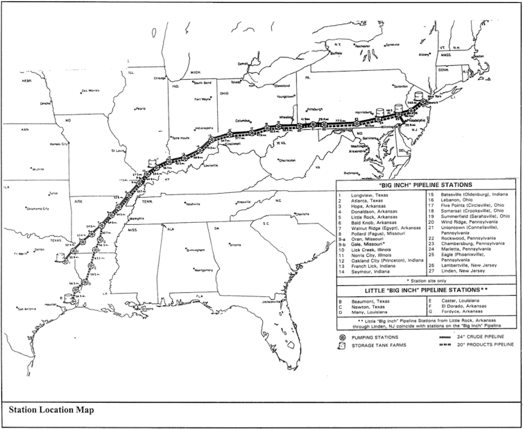 Map showing pipelines from Texas to mid-Atlantic coast.