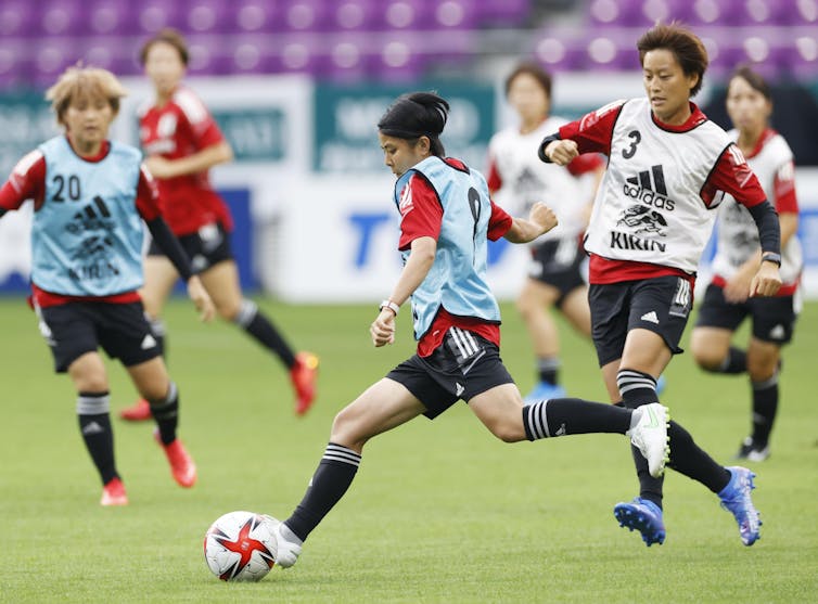 The Japanese women's football team at training.