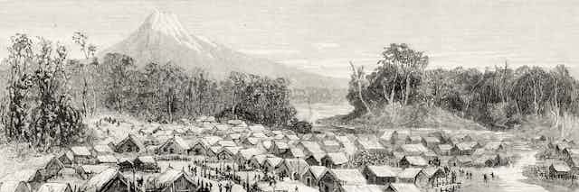 1881 illustration of Parihaka and Mt Taranaki 