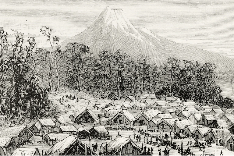 1881 illustration of Parihaka and Mt Taranaki