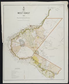 1880 map of the Taranaki coast showing the area of 'confiscated' territory