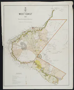 1880 map of the Taranaki coast showing the area of 'confiscated' territory