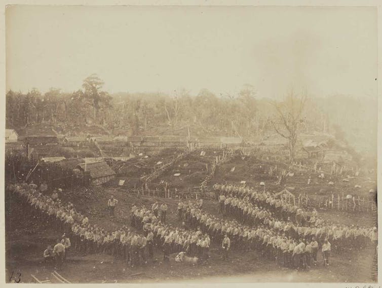 Armed constabulary awaiting orders to advance on Parihaka Pa