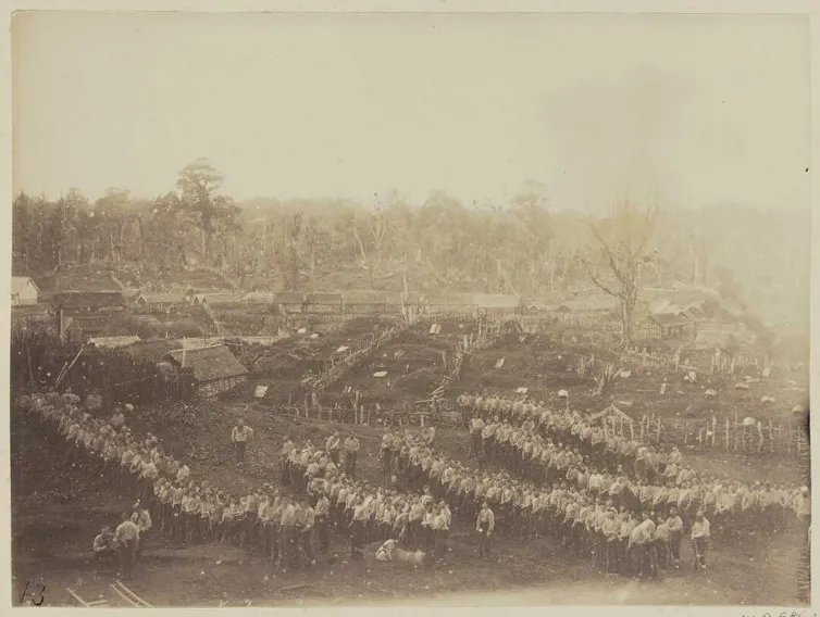 Armed constabulary awaiting orders to advance on Parihaka Pa