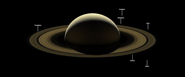 Сатурн и несколько его спутников в контровом свете, вид с космического корабля «Кассини» в сентябре 2017 года.