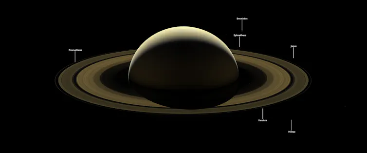 Saturn and several of its moons, backlit, as seen from the Cassini spacecraft in September 2017.