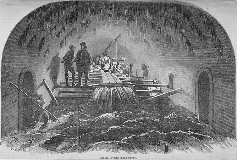 A drawing of a repair to the Fleet sewer beneath London, 1854.
