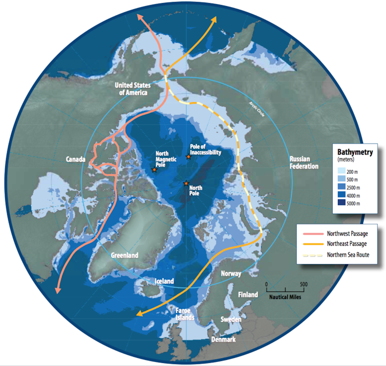 A map of the Northern Sea Route in the Arctic which will become a navigable sea passage as global warming melts the ice.