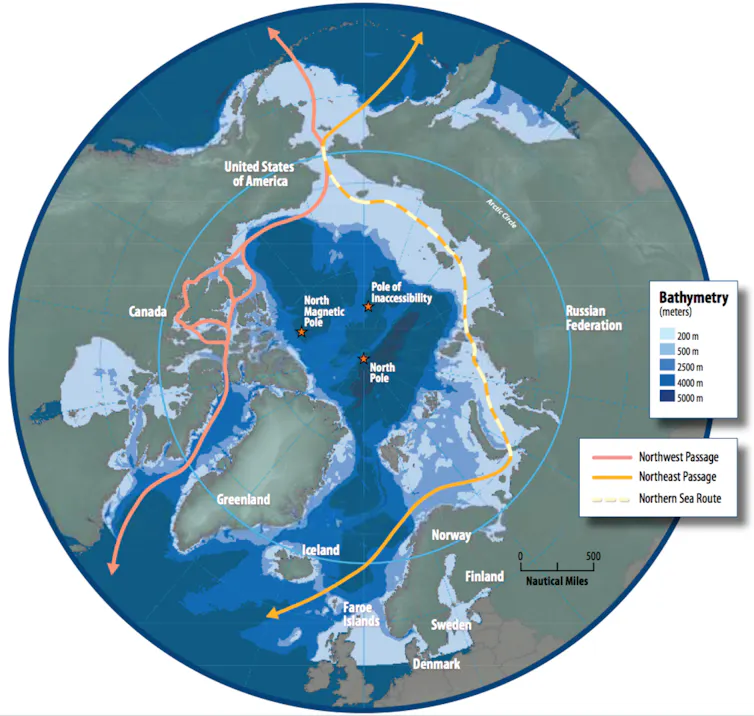 A map of the Northern Sea Route in the Arctic which will become a navigable sea passage as global warming melts the ice.