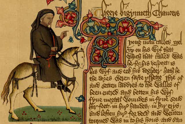 Portrait of Geoffrey Chaucer riding a horse in a manuscript of 'The Canterbury Tales'