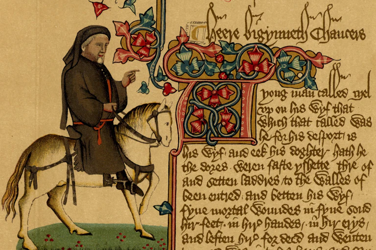 Portrait of Geoffrey Chaucer riding a horse in a manuscript of 'The Canterbury Tales'
